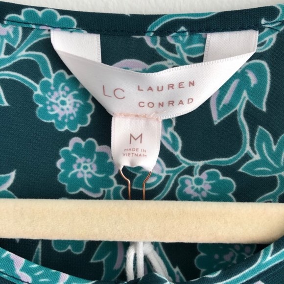 LC LAUREN CONRAD Top Blouse Pintuck Shark-Bite Patterned Teal Floral Size M L - Picture 11 of 14
